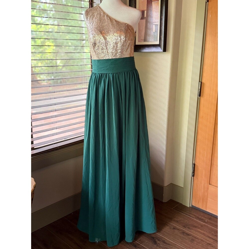 JJ's House Prom Gown One Shoulder Gold Sequin Dark Green Maxi Dress Fits Size 4